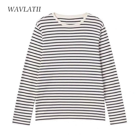 Women Long Sleeve T shirts White Black Striped Tees Lady Casual Tops