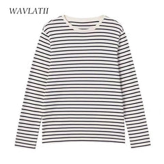 Women Long Sleeve T shirts White Black Striped Tees Lady Casual Tops