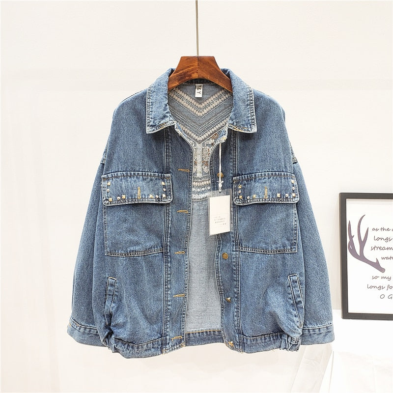 Women Denim Jacket Floral Embroidery Suede Fringe Loose Long Sleeve Jean Jacket