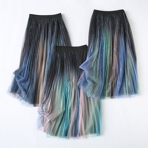 High Elastic Waist Colorful Patchwork Pleated Mesh Half-body Skirt Women Tide