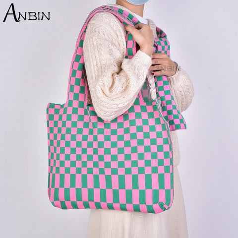 Women Checkered Shoulder Bag Woolen Knitted Classic Color Bags Tote
