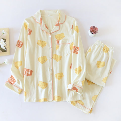Leaves Printed Women Pajama Cotton Long Sleeve Sleepwear