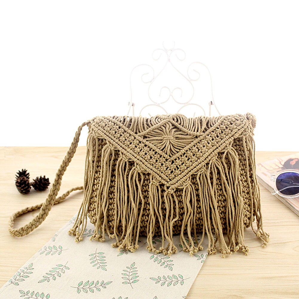 Handmade Woven Round Handbag Tassel Straw Rope Knitted Messenger Bag Tote