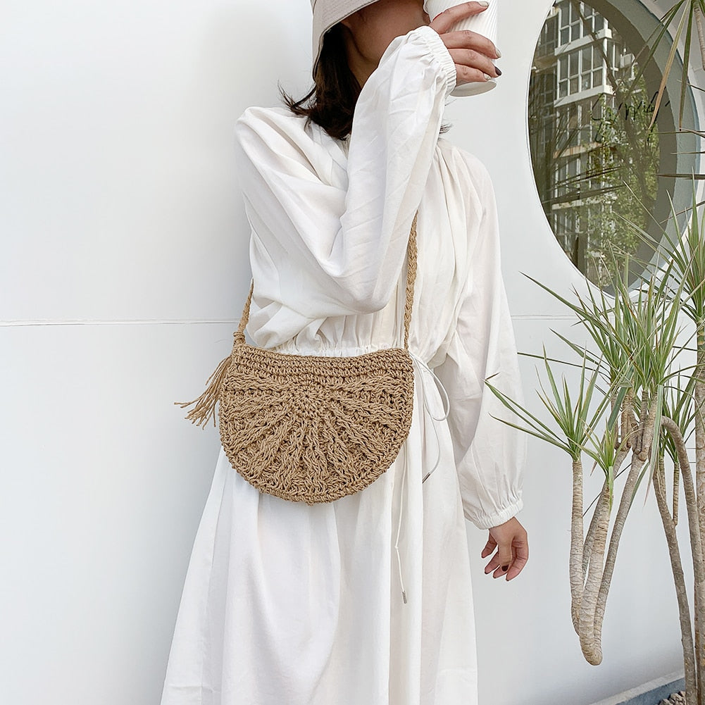 Handmade Woven Round Handbag Tassel Straw Rope Knitted Messenger Bag Tote