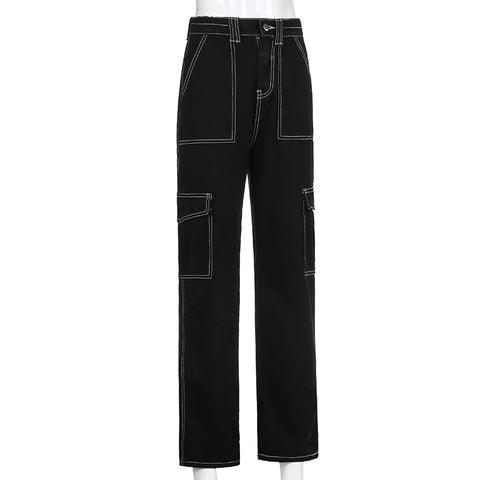 Pockets Patchwork Baggy Jeans Women Trouser Loose