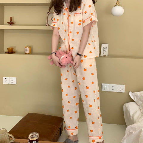 Cotton Suit Sleepwear Pajamas Women Long Short Sleeve Set Nightwear
