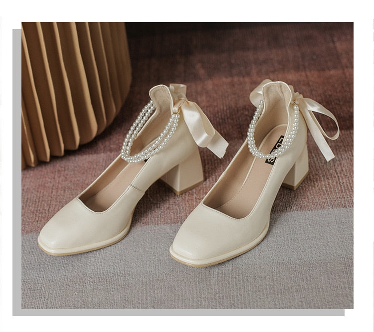 High Heels Bow Square Toe Thick Heel