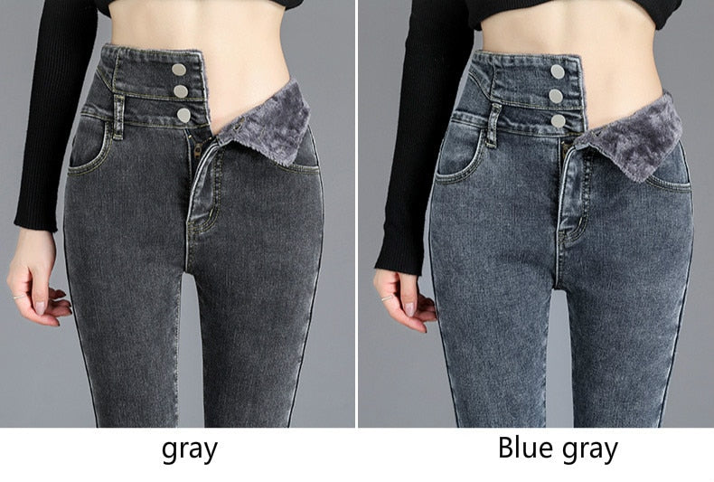 Thick Fleece High-waist Jeans Thick Women Button Pencil Pants Jeans