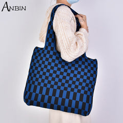 Women Checkered Shoulder Bag Woolen Knitted Classic Color Bags Tote