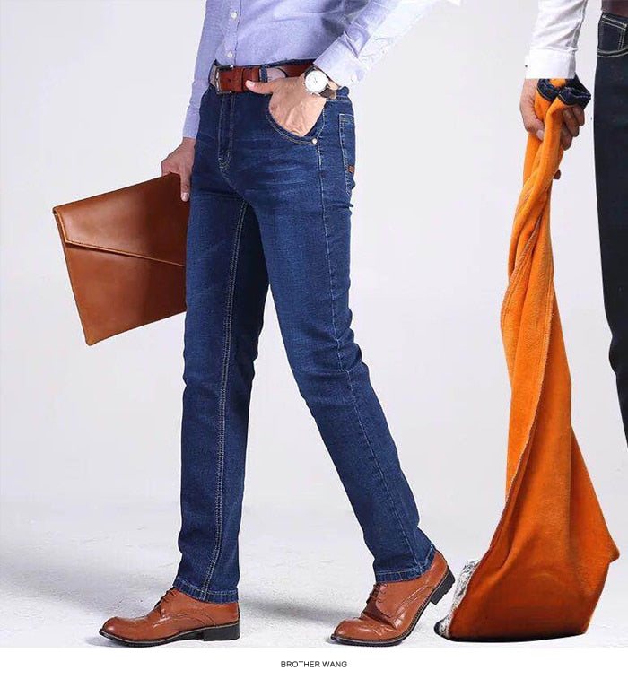 Men Warm Jeans Business Thick Slim Denim Pants Trousers