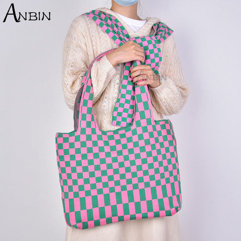 Women Checkered Shoulder Bag Woolen Knitted Classic Color Bags Tote