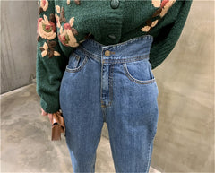 Women Jeans Pants High Waist Loose Buttons Trousers
