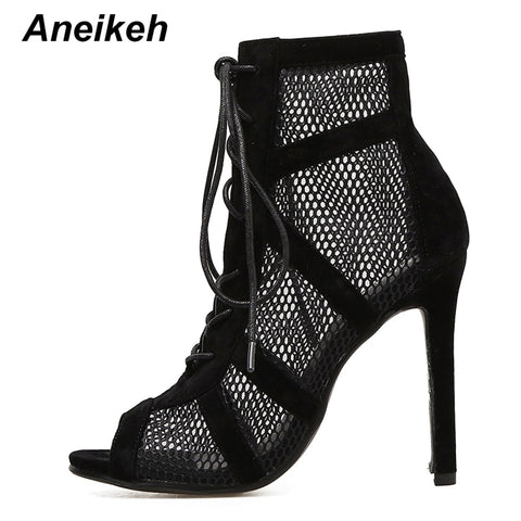 Sandals Boots Women High Heels Hollow Out Mesh Lace-Up Cross-tied Boots