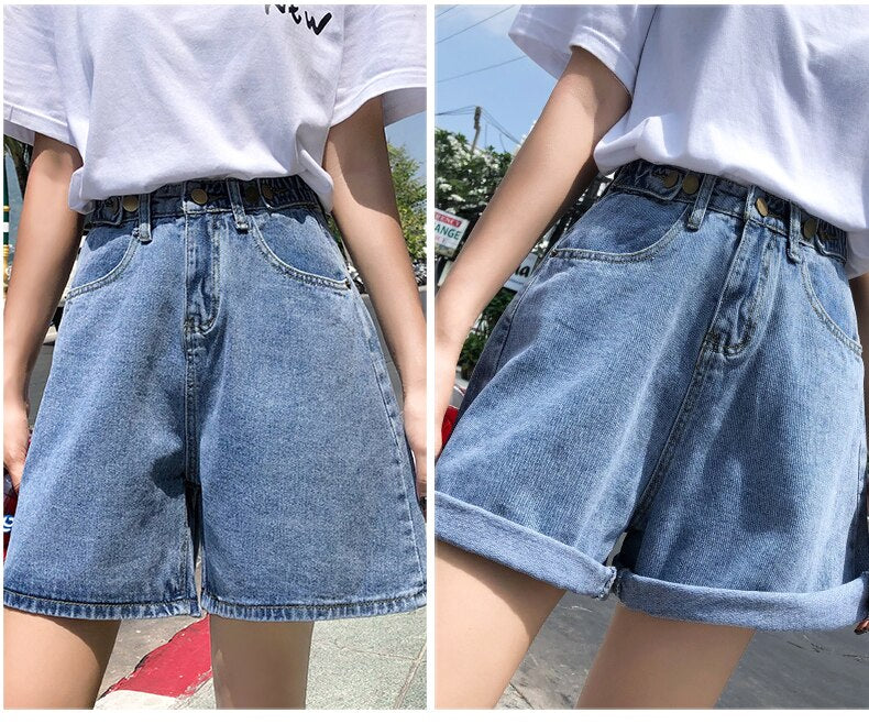 Women Shorts Hippie Button High Waist Short Wide Legs Jean Shorts