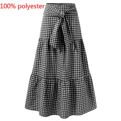 Women Maxi Skirts High Waist Plaid Long Skirts Loose Belted Pleated Skirt