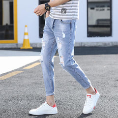 Men Jeans Ankle-length Holes Straight Washed Leisure Denim Trousers