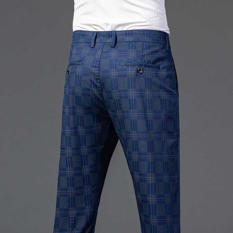 Men Plaid Casual Pants Business Cotton Stretch Straight Trousers