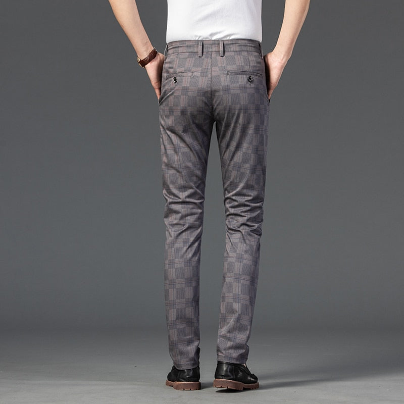 Men Plaid Casual Pants Business Cotton Stretch Straight Trousers