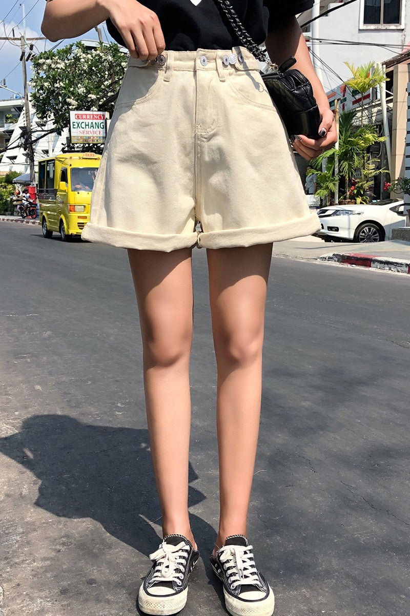 Women Shorts Hippie Button High Waist Short Wide Legs Jean Shorts