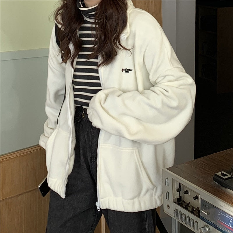 Women Hoodies Zip-up Oversize Sweatshirt Pocket Turn-down Collar