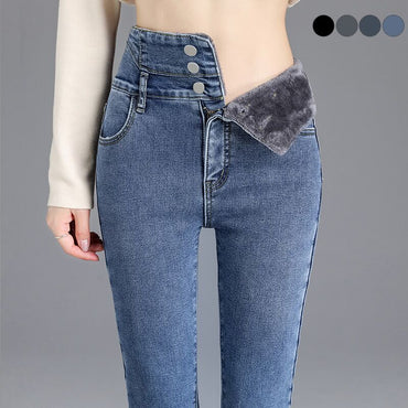 Thick Fleece High-waist Jeans Thick Women Button Pencil Pants Jeans