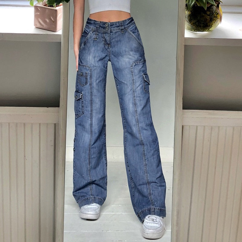 Pockets High Waist Baggy Jeans Women Pants Straight Leg