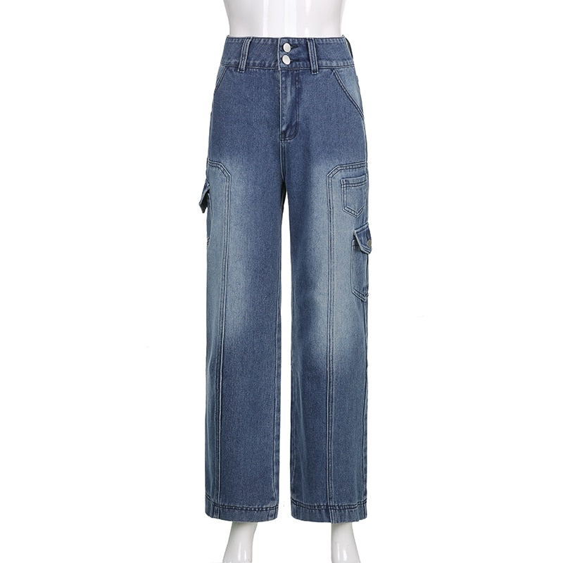 Pockets High Waist Baggy Jeans Women Pants Straight Leg