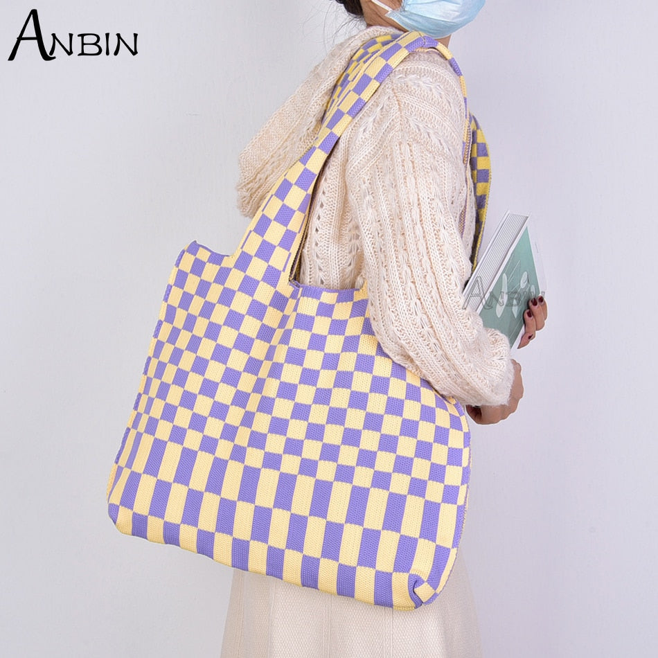 Women Checkered Shoulder Bag Woolen Knitted Classic Color Bags Tote