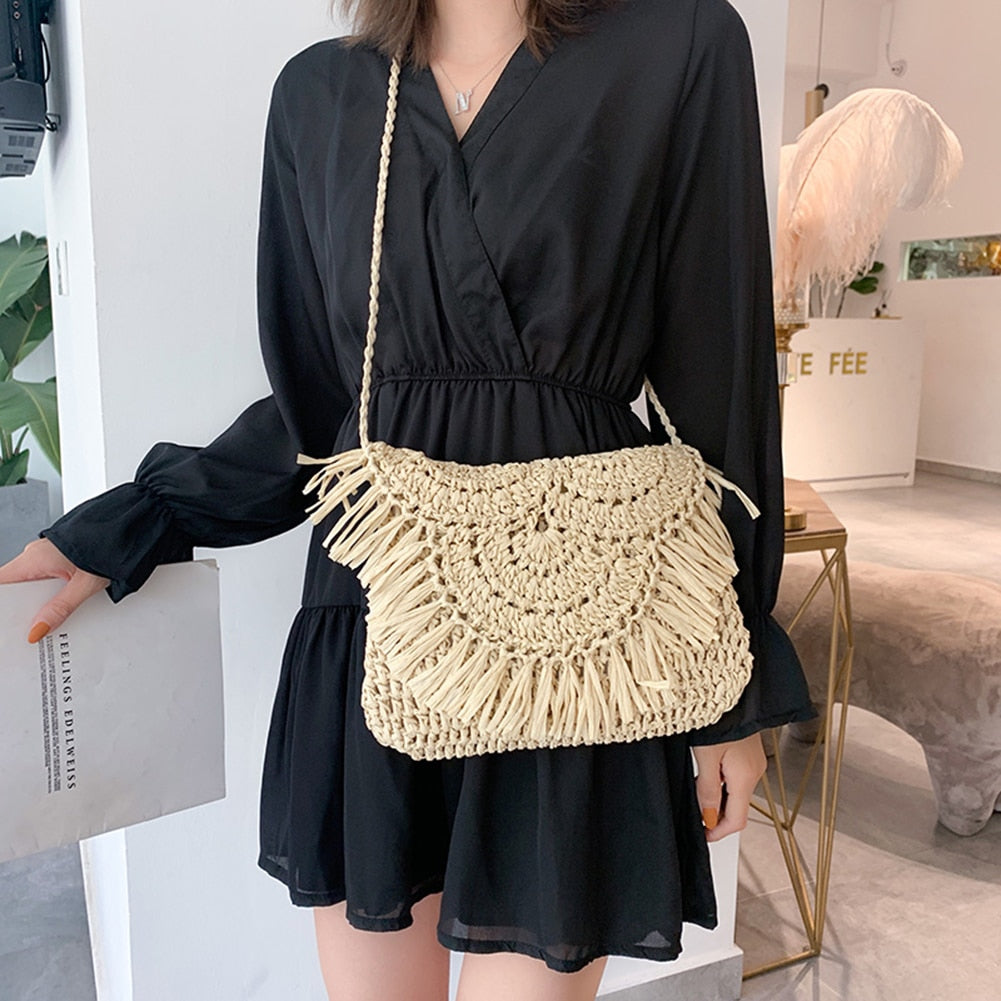 Handmade Woven Round Handbag Tassel Straw Rope Knitted Messenger Bag Tote