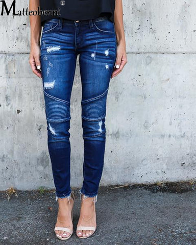 Mid Waist Skinny Jeans Women Pants Crimped Pencil Pants