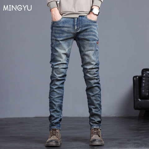 Men's Jeans Vintage Blue Solid Color Elastic Classic