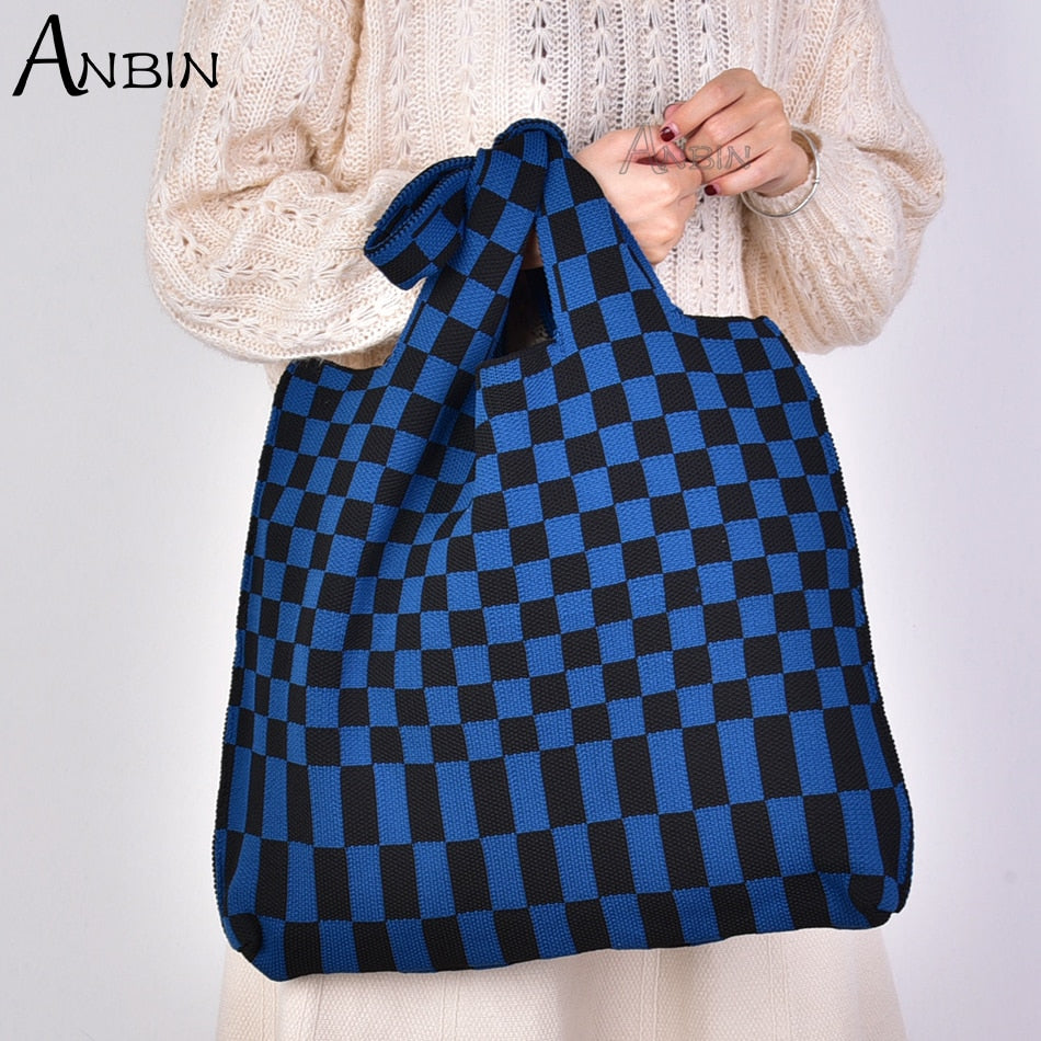 Women Checkered Shoulder Bag Woolen Knitted Classic Color Bags Tote