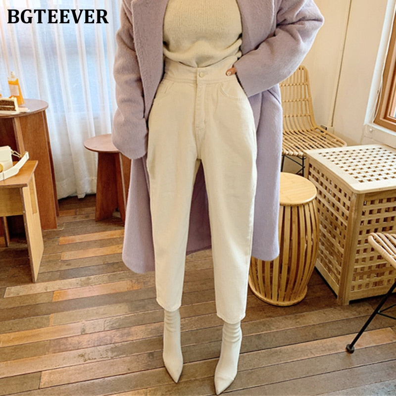 Women Jeans Pants High Waist Loose Buttons Trousers