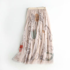 Floral High-waisted A-line Mesh Skirt Midi Long Skirts Women Sweet Tulle Skirt