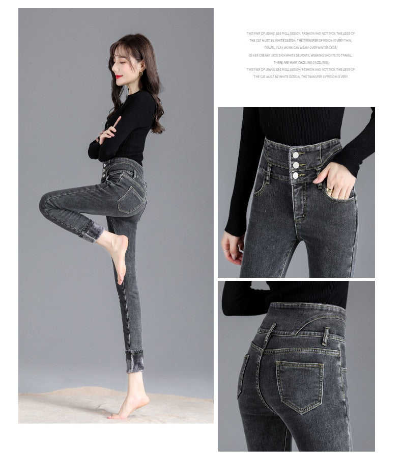 Thick Fleece High-waist Jeans Thick Women Button Pencil Pants Jeans