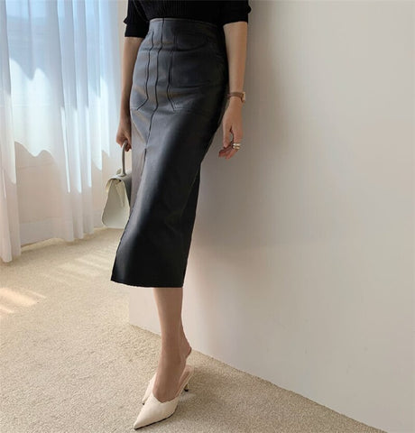 Women Skirts High Waist Pockets Package Front Split Zipper Midi Pencil Skirt