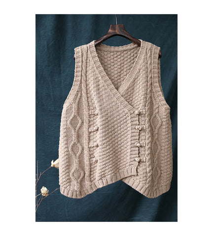 Loose Button Knit Short Sweater Vest Women V-neck Sleeveless Coat Irregular