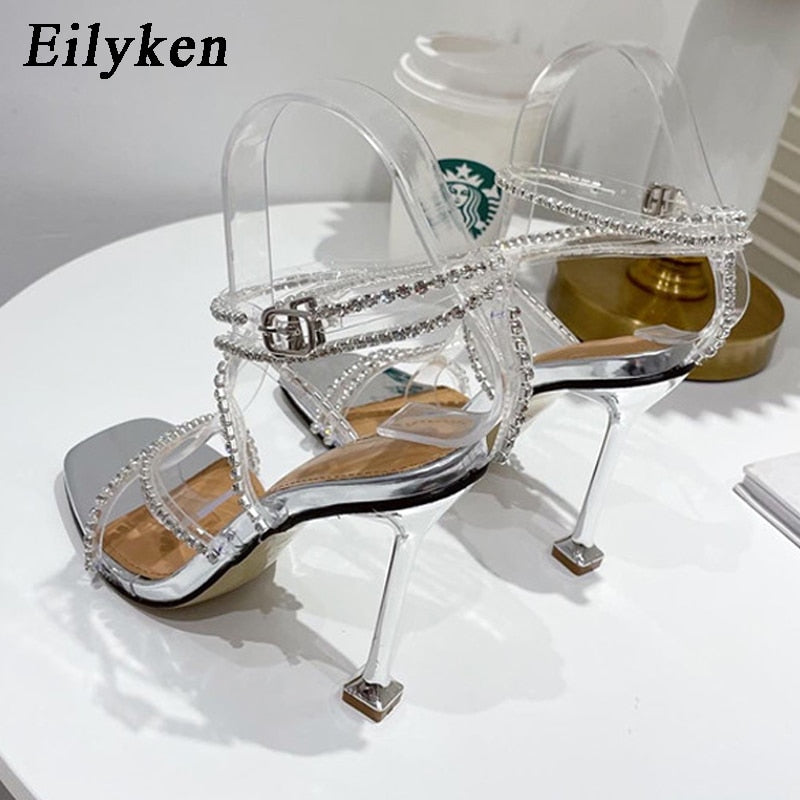 High Heels Transparent Crystal Women Sandals Rhinestone Square Toe