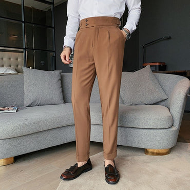 Men High Waist Trousers Business Pants Belt Straight Slim