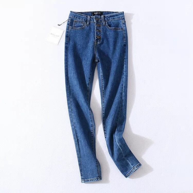 Four Buttons High Waist Pencil Jeans Women Slim Fit Pants Trousers