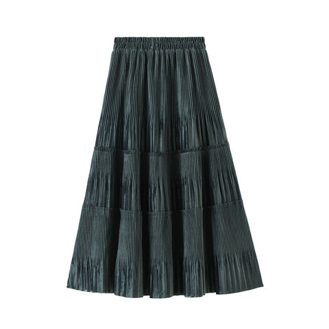 Velvet Pleated Skirt Women Lady Midi Long High Waist A Line Skirt
