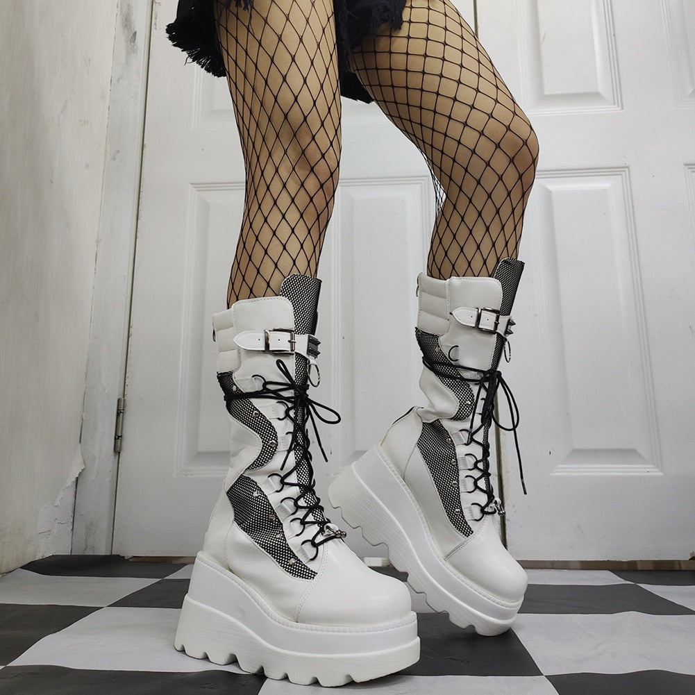 Halloween Witch Cosplay Platform High Wedges Heels Calf Boots Women Shoes