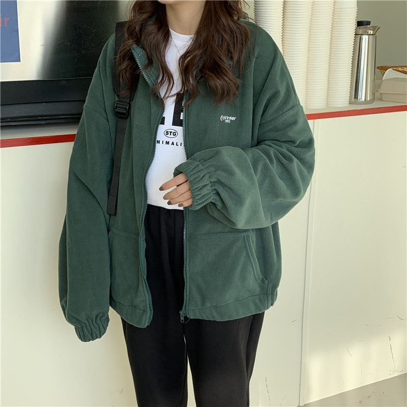 Women Hoodies Zip-up Oversize Sweatshirt Pocket Turn-down Collar