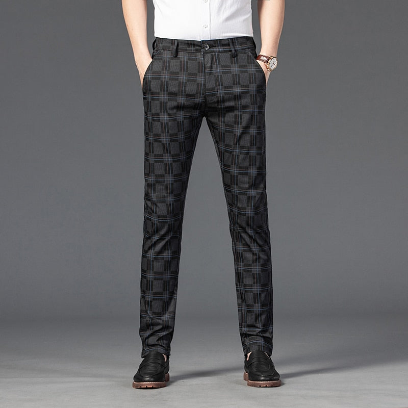 Men Plaid Casual Pants Business Cotton Stretch Straight Trousers