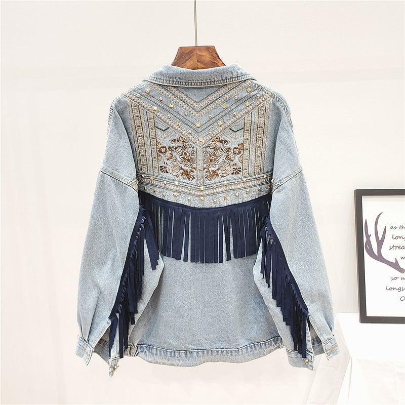 Women Denim Jacket Floral Embroidery Suede Fringe Loose Long Sleeve Jean Jacket