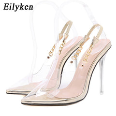 Transparent Pumps Women Pointed Toe Chain Design Crystal High Heels