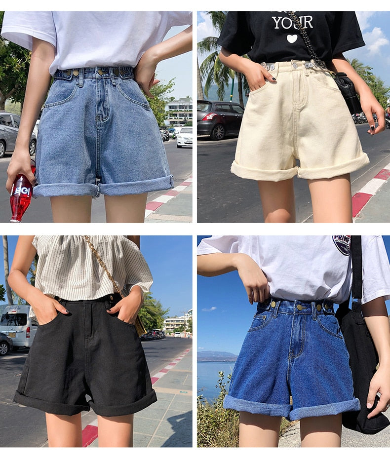 Women Shorts Hippie Button High Waist Short Wide Legs Jean Shorts