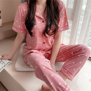 women short sleeve long pant sleepwear pajamas set cotton