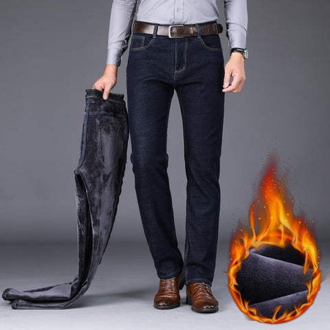 Men Slim Fit Jeans Business Thicken Denim Trousers Pants
