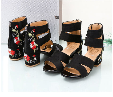 Embroidered Mid-heel Sandals Women Thick Heel Open Toe Embroidered Shoes